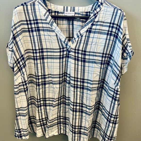 Liz Claiborne Tops - Blue and White Plaid V-Neck Top, Liz Claiborne